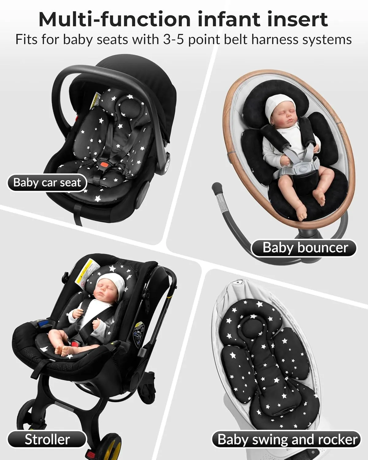 Infant Car Seat Insert, Head and Body Support, Reversible Newborn Insert Compatible with Baby Carseat, Stroller, Mamaroo Swing, Rocker, Bouncer. Baby Car Seat Cushion - Black