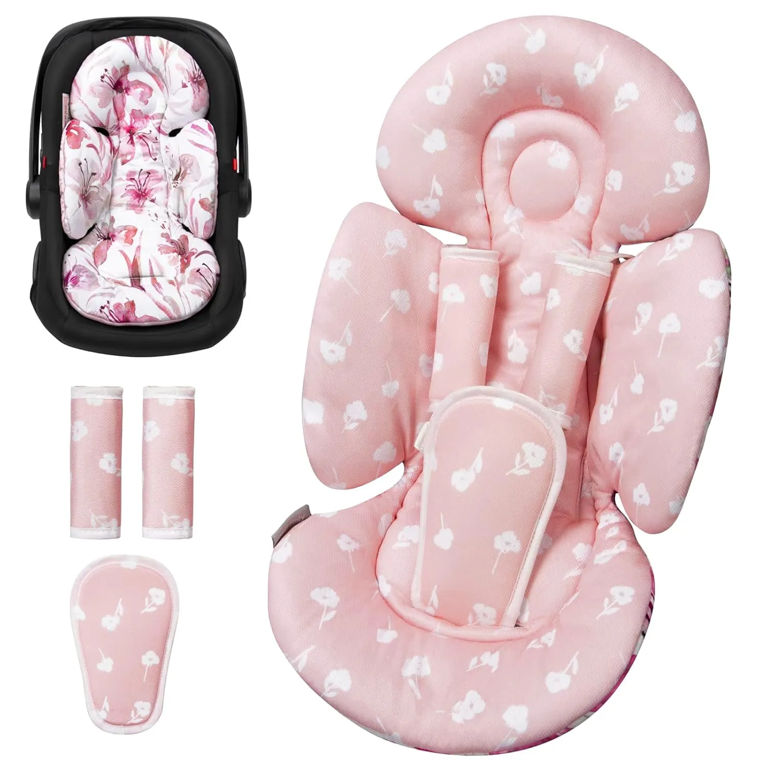 Infant Car Seat Insert, Head and Body Support, Reversible Newborn Insert Compatible with Baby Carseat, Stroller, Mamaroo Swing, Rocker, Bouncer. Baby Car Seat Cushion - Pink Floral