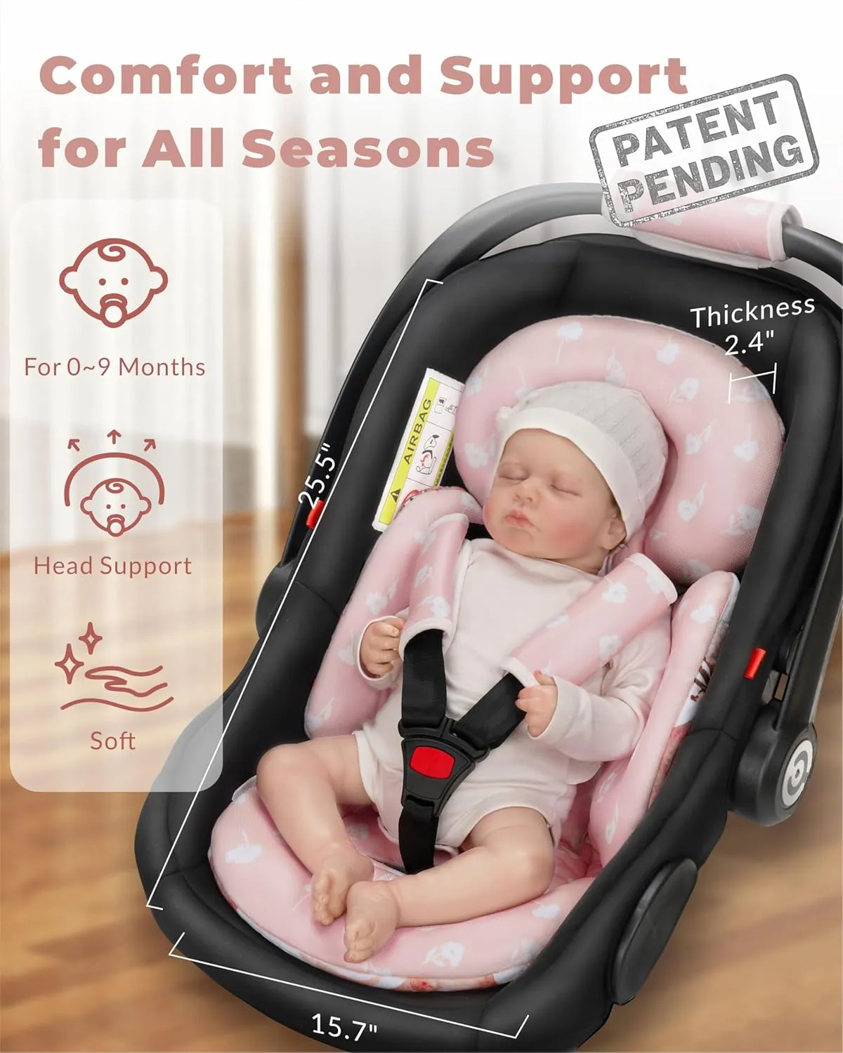 Infant Car Seat Insert, Head and Body Support, Reversible Newborn Insert Compatible with Baby Carseat, Stroller, Mamaroo Swing, Rocker, Bouncer. Baby Car Seat Cushion - Pink Floral