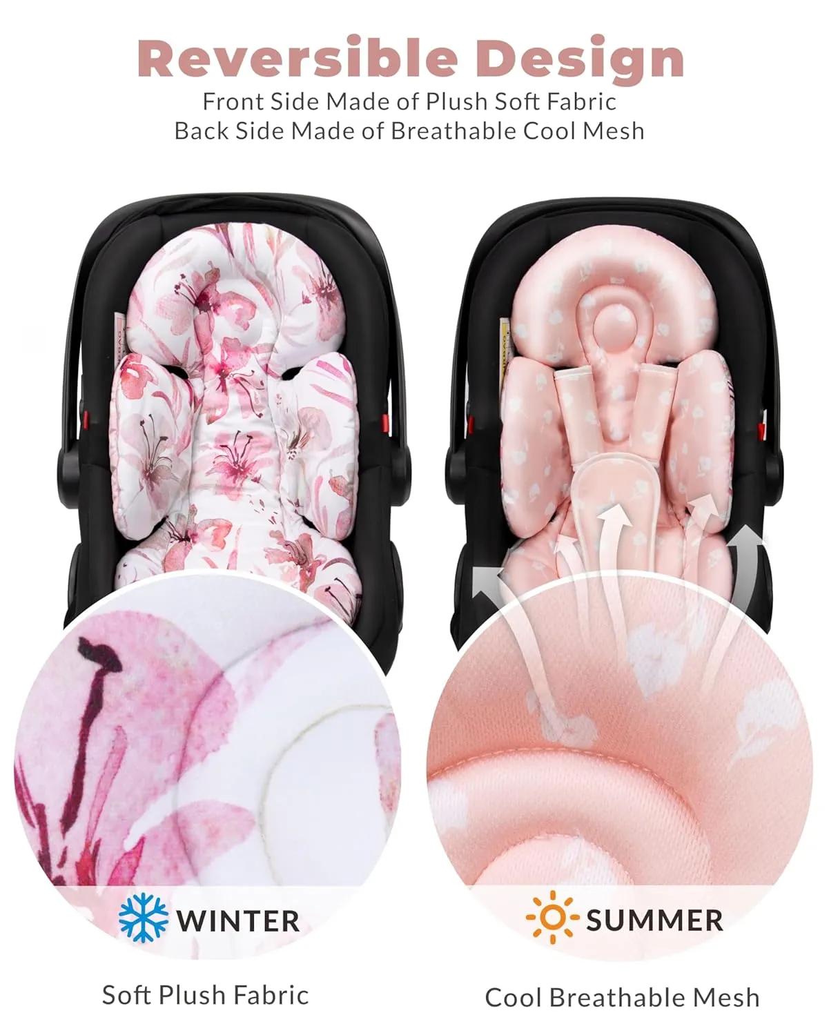 Infant Car Seat Insert, Head and Body Support, Reversible Newborn Insert Compatible with Baby Carseat, Stroller, Mamaroo Swing, Rocker, Bouncer. Baby Car Seat Cushion - Pink Floral