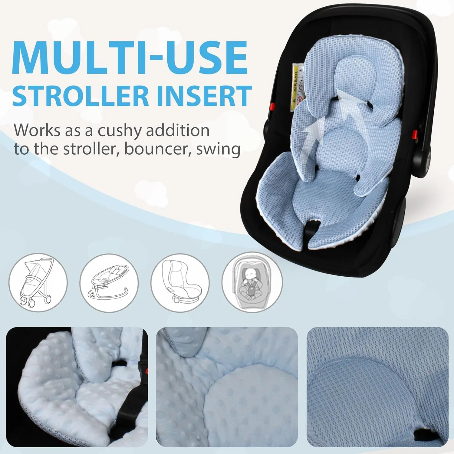 Infant Carseat Insert, 2-in-1 Reversible Baby Car Seat Cushion for Newborn Toddler Head & Body Support Car Seat Pad for Carseats, Strollers, Swings, Bouncers