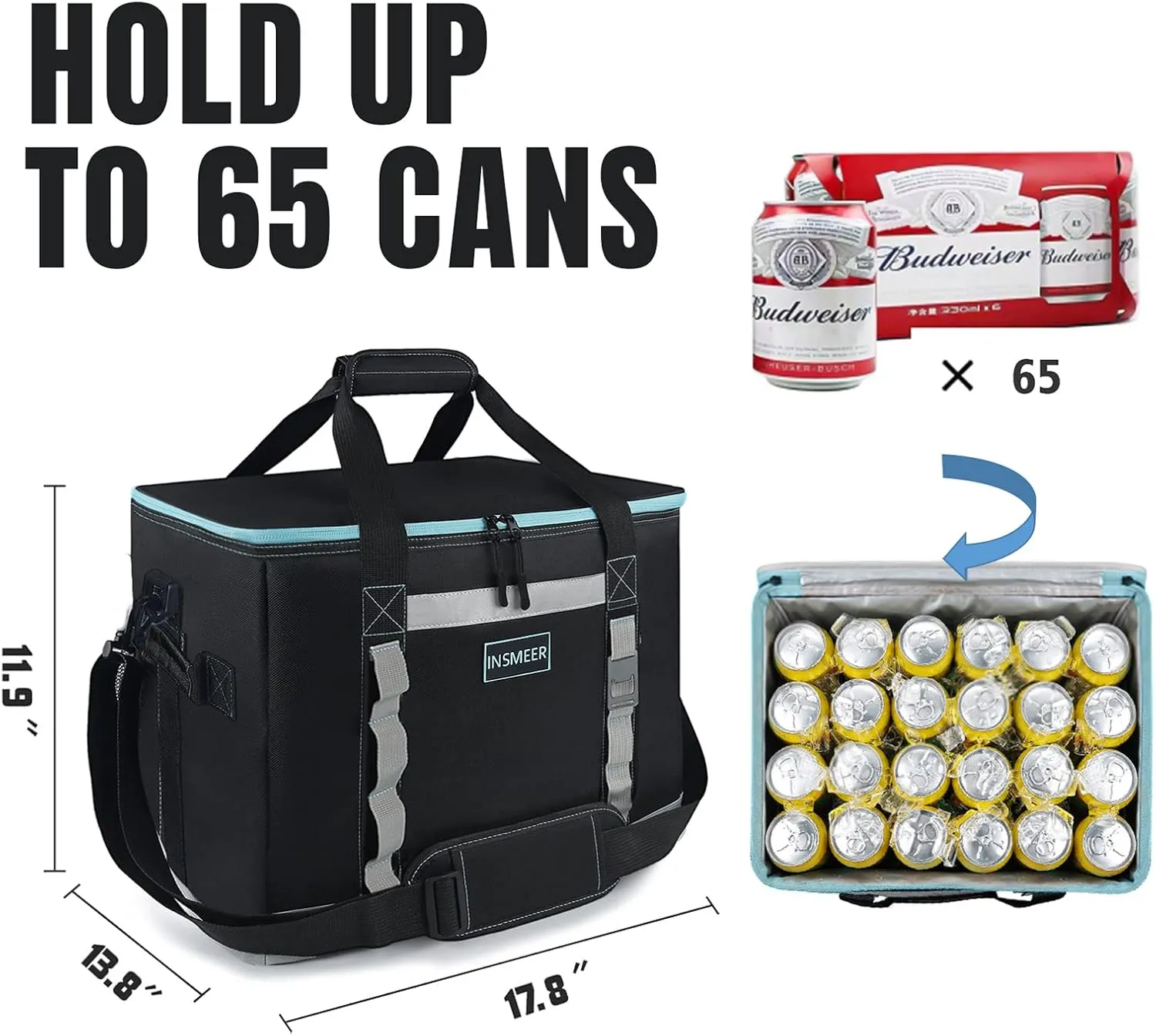 INSMEER Insulated Cooler Bag 65Cans/32 Cans Large Cooler Bag Soft Sided Cooler with Shoulder Strap, Collapsible Leakproof Portable Coolers for Camping/Beach/Food Delivery/Shopping/Outdoor/Picnic