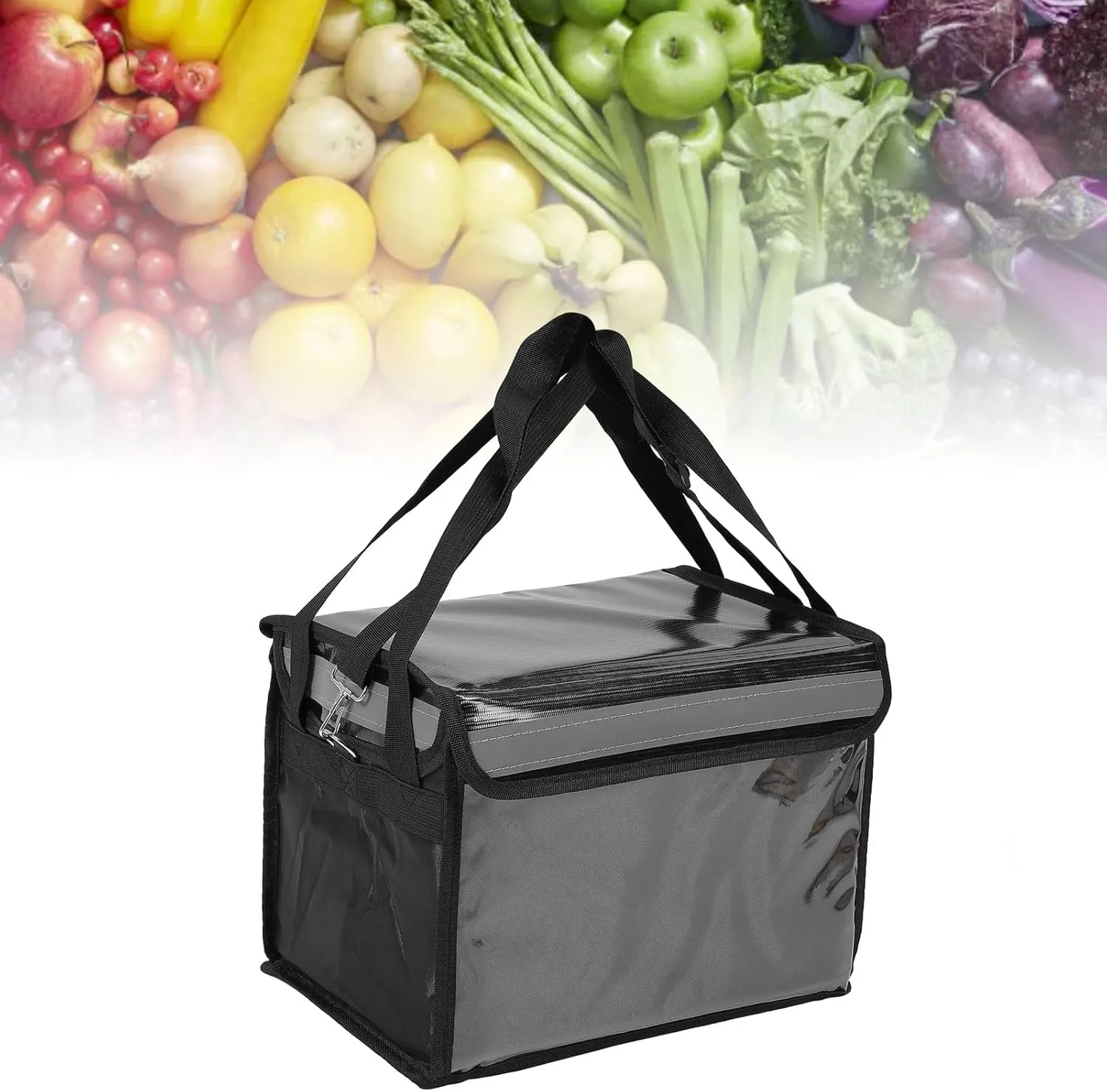 Insulated Bag with Bottom Plate Inner Frame Shoulder Strap Fastener Reflective Strip Oxford Cloth Reusable for Food Delivery (22L)