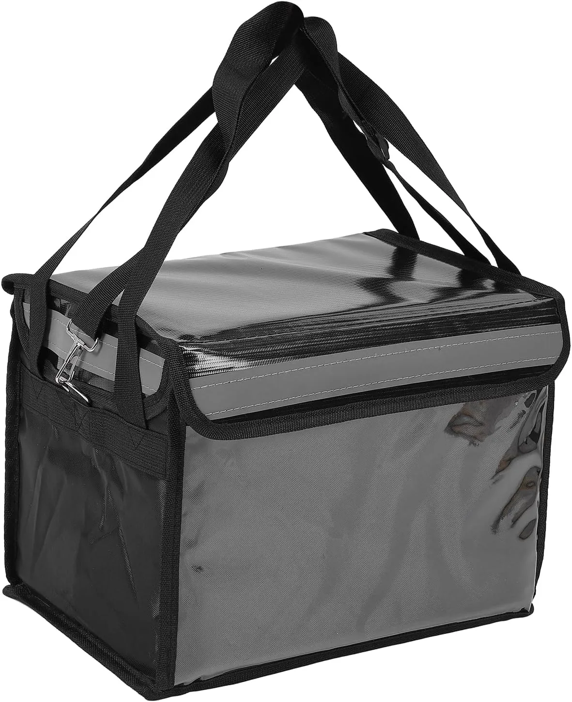 Insulated Bag with Bottom Plate Inner Frame Shoulder Strap Fastener Reflective Strip Oxford Cloth Reusable for Food Delivery (22L)