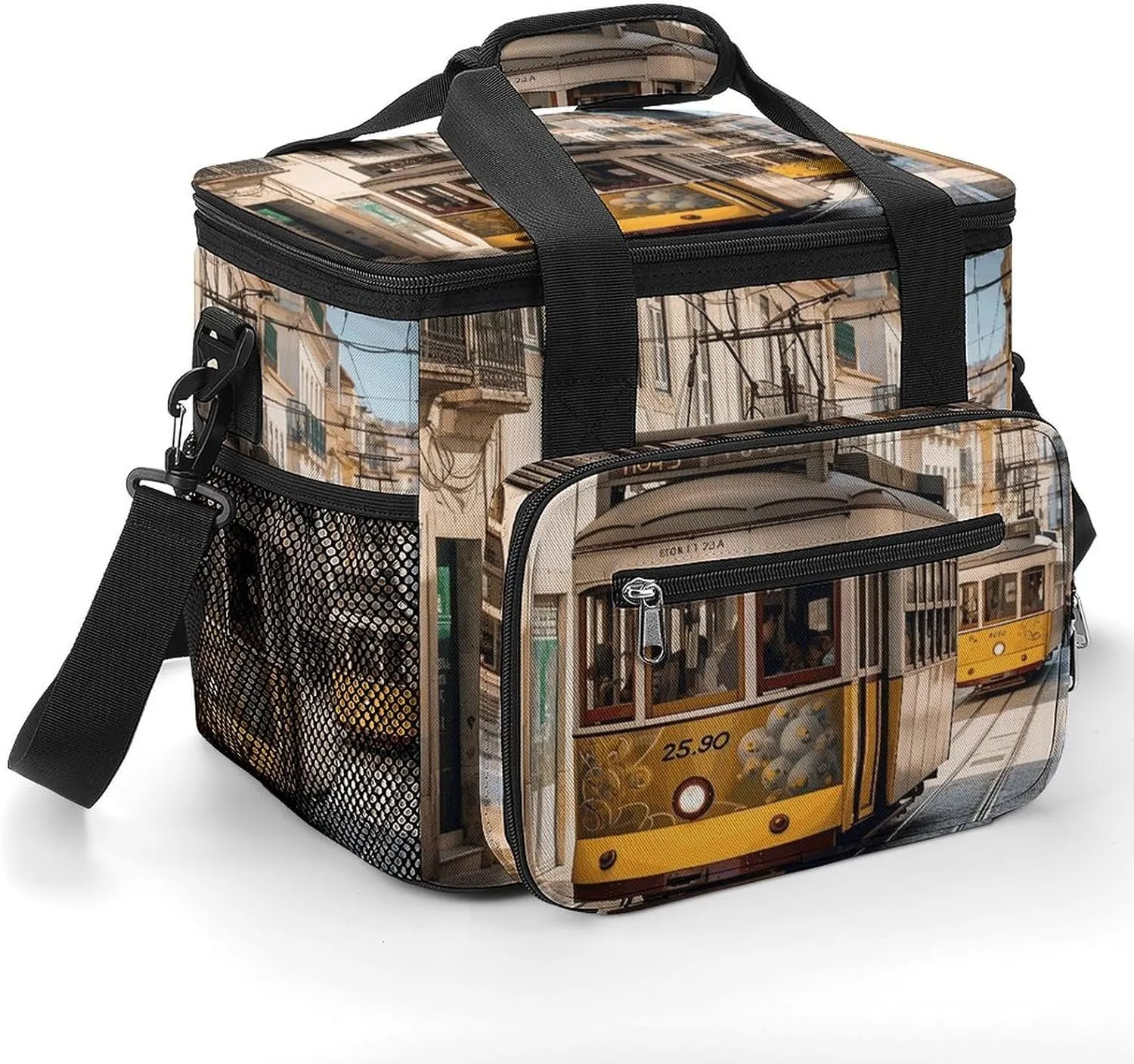 Insulated Camping Cooler Bag, Lisbon Tram Print Ice Pack with Leakproof Lining 22.5L Capacity Portable Thermal Bag for Camping,Picnic