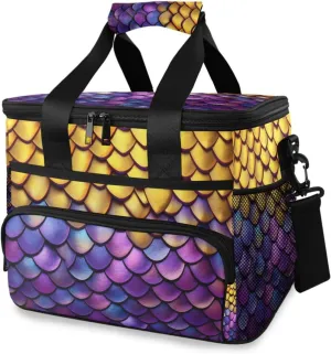 Insulated Cooler Bag 24 Cans Large Capacity Lunch Box-Yellow Purple Scales Print Leak Proof with Shoulder Strap for Camping Picnic