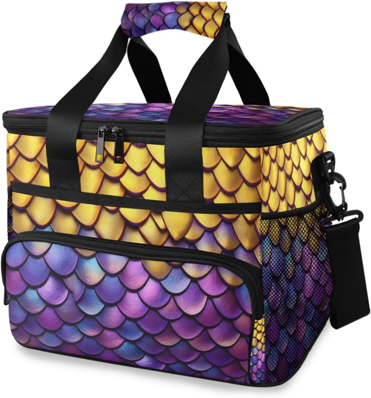 Insulated Cooler Bag 24 Cans Large Capacity Lunch Box-Yellow Purple Scales Print Leak Proof with Shoulder Strap for Camping Picnic