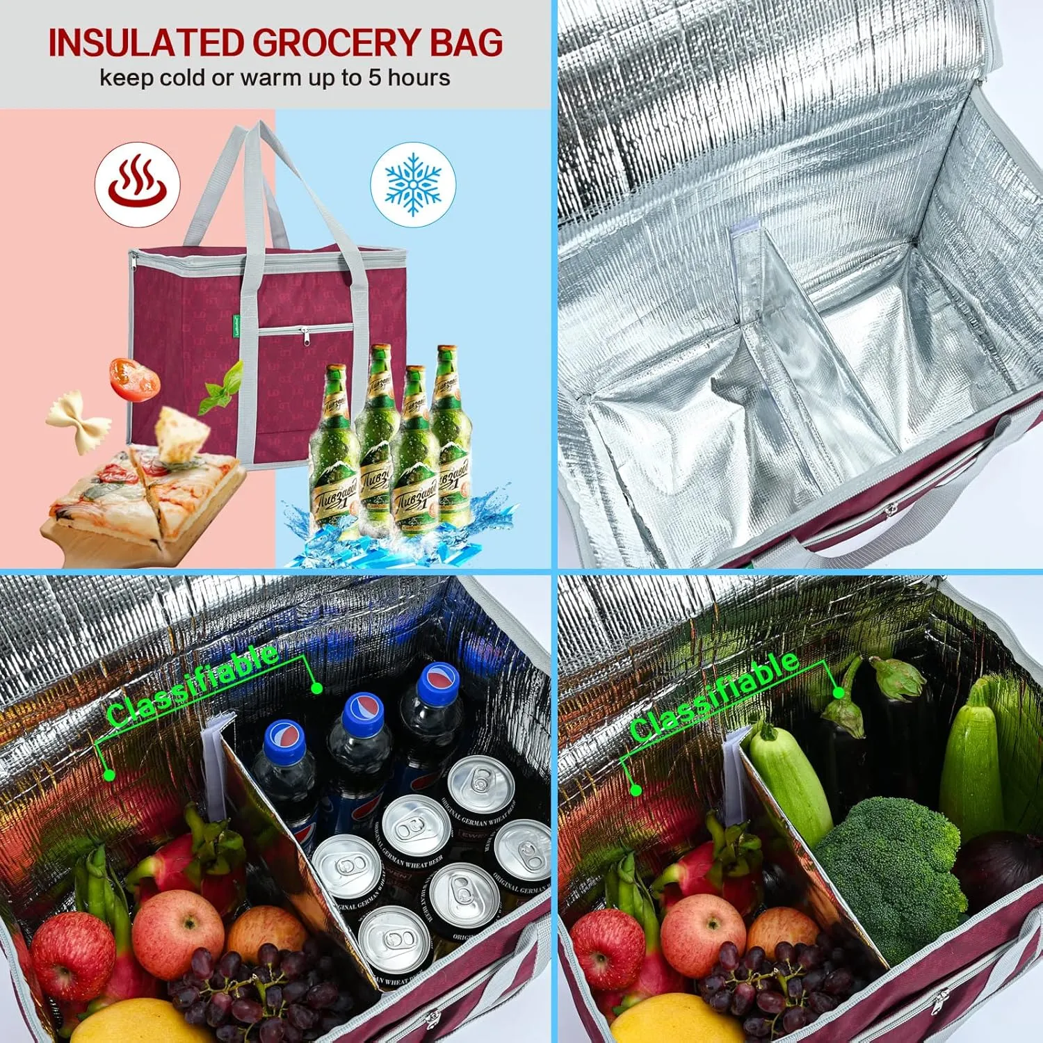 Insulated Grocery Bags Reusable Shopping Tote Cooler Bag With Zippered Top, Large Square Stand Up Food Carrier Delivery For Groceries Thermal Hot Or Cold Frozen Foods For Camping Travel 2Pack