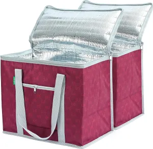 Insulated Grocery Bags Reusable Shopping Tote Cooler Bag With Zippered Top, Large Square Stand Up Food Carrier Delivery For Groceries Thermal Hot Or Cold Frozen Foods For Camping Travel 2Pack