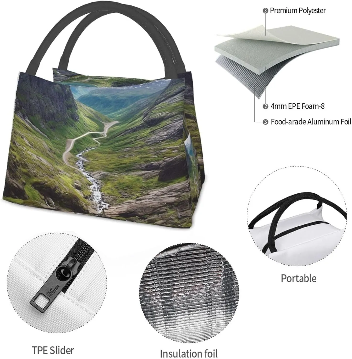 Insulated Lunch Bag Lunch box for Women Men Reusable Cooler Bag Norway terrain Lunch Bag Portable Lunch Tote Bag Leakproof Lunchbox for Work Travel Picnic Office