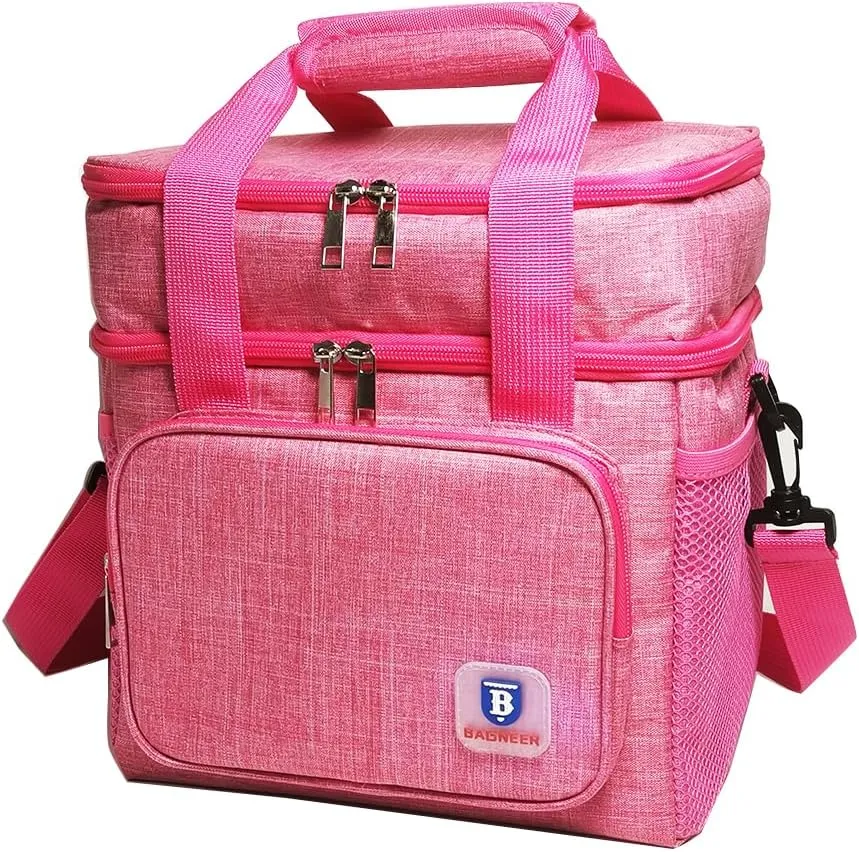 Insulated Lunch Bag Portable Double Deck Picnic Cooler Bag Mother's Day Gifts Durable Waterproof Office Outdoor Camping Lady's Food & Drink Thermal Storage Box For Adult Women, 14L (Rose Pink)