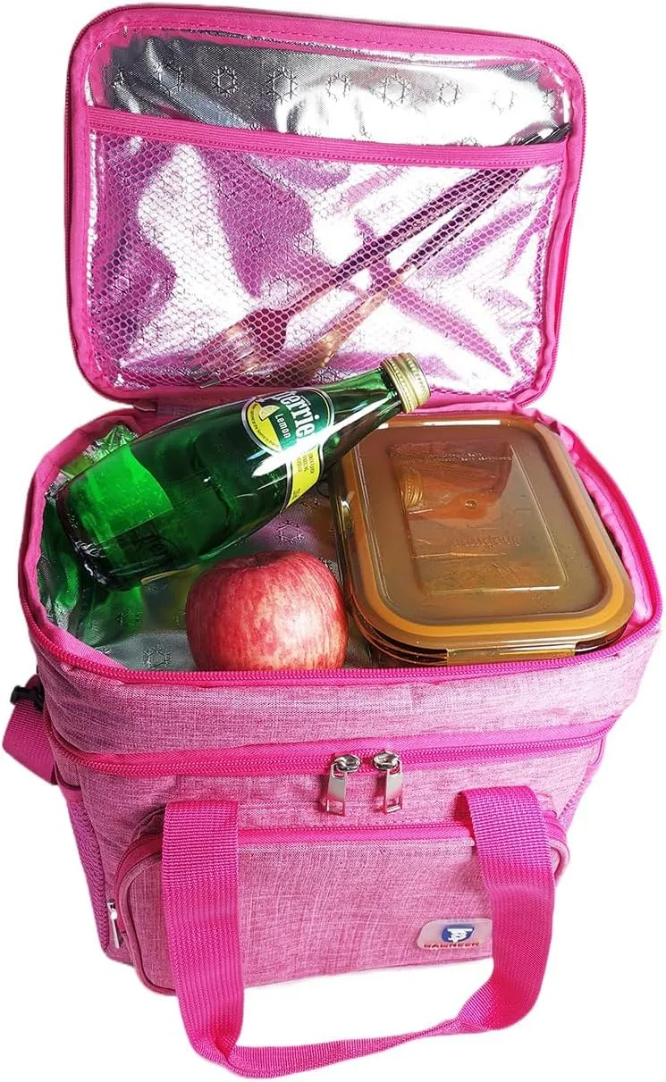 Insulated Lunch Bag Portable Double Deck Picnic Cooler Bag Mother's Day Gifts Durable Waterproof Office Outdoor Camping Lady's Food & Drink Thermal Storage Box For Adult Women, 14L (Rose Pink)