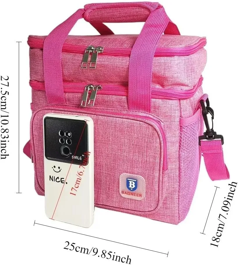 Insulated Lunch Bag Portable Double Deck Picnic Cooler Bag Mother's Day Gifts Durable Waterproof Office Outdoor Camping Lady's Food & Drink Thermal Storage Box For Adult Women, 14L (Rose Pink)
