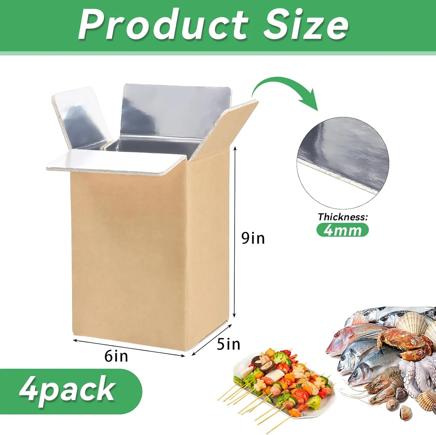 Insulated Shipping Box with Aluminum Foil Liner, Set of 4, Cold Shipping Boxes with Aluminum Foil Insulated Bag, 6x5x9" Insulated Boxes for Cold Shipping, Frozen Food