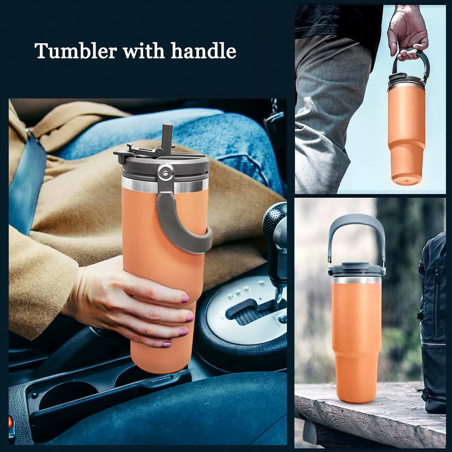 Insulated Tumbler 2-in-1 Lid and Straw, 40 oz Tumbler with Handle, Vacuum Double Walled Stainless Steel Leak Proof Water Bottle Large Travel Cup Coffee Mug, Keep Cold and Hot, Orange