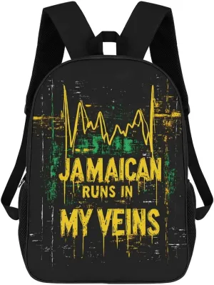 Jamaican Runs in My Veins Unisex Backpack 17" Casual Daypacks Simple Shoulders Bag for Camping Hiking Travel Gear