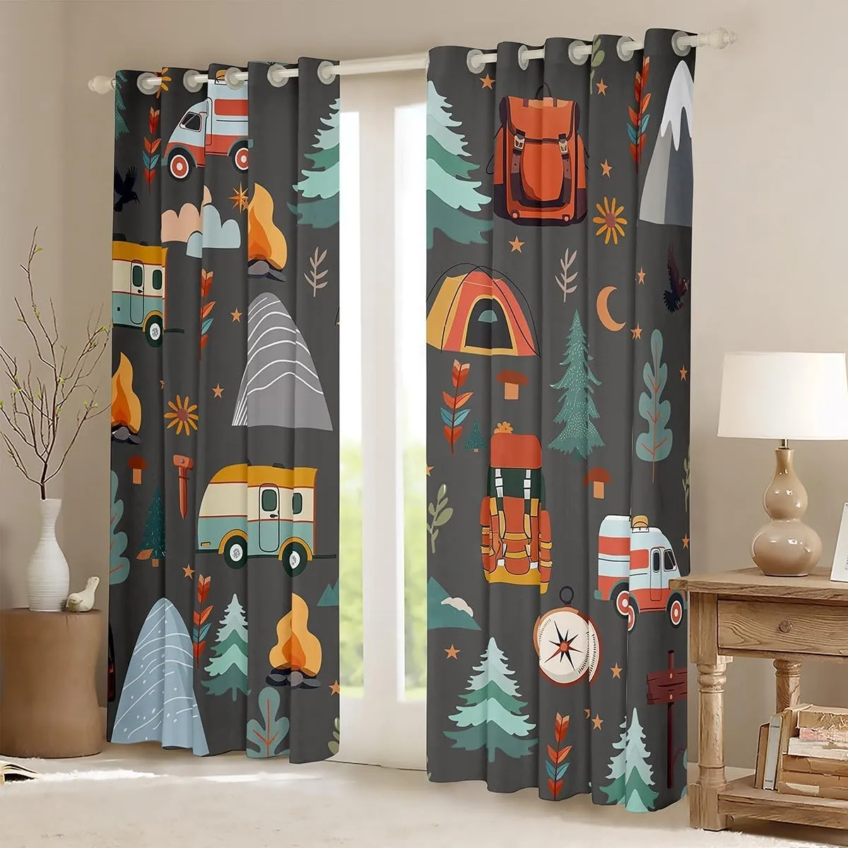 jejeloiu Kids Happy Camping Curtain (2 Panels, 52 x 84 Inch) Travel Bag Tent Print Window Drapes Outdoor Travel 30%-50% Blackout Shades Camping Gifts Room Darkening Curtain Travel Trailers Themed