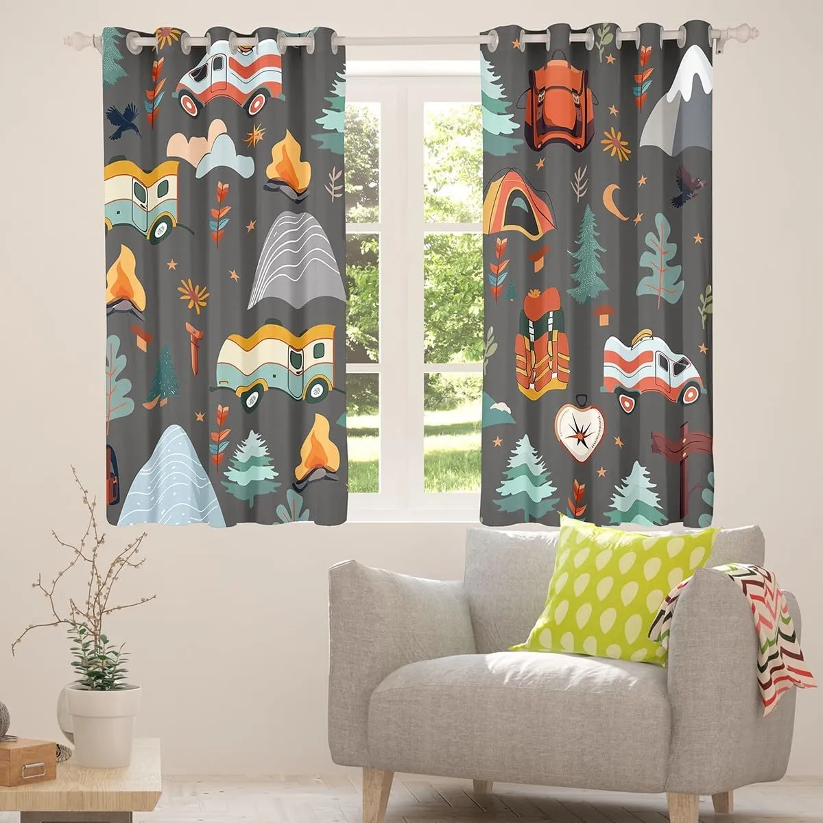 jejeloiu Kids Happy Camping Curtain (2 Panels, 52 x 84 Inch) Travel Bag Tent Print Window Drapes Outdoor Travel 30%-50% Blackout Shades Camping Gifts Room Darkening Curtain Travel Trailers Themed