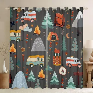 jejeloiu Kids Happy Camping Curtain (2 Panels, 52 x 84 Inch) Travel Bag Tent Print Window Drapes Outdoor Travel 30%-50% Blackout Shades Camping Gifts Room Darkening Curtain Travel Trailers Themed