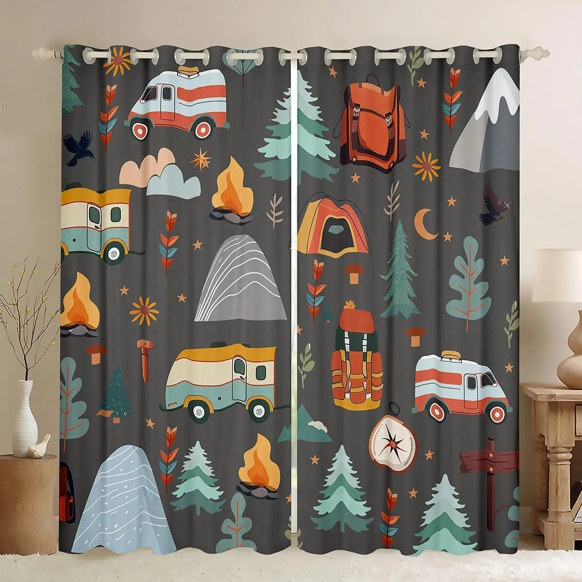 jejeloiu Kids Happy Camping Curtain (2 Panels, 52 x 84 Inch) Travel Bag Tent Print Window Drapes Outdoor Travel 30%-50% Blackout Shades Camping Gifts Room Darkening Curtain Travel Trailers Themed