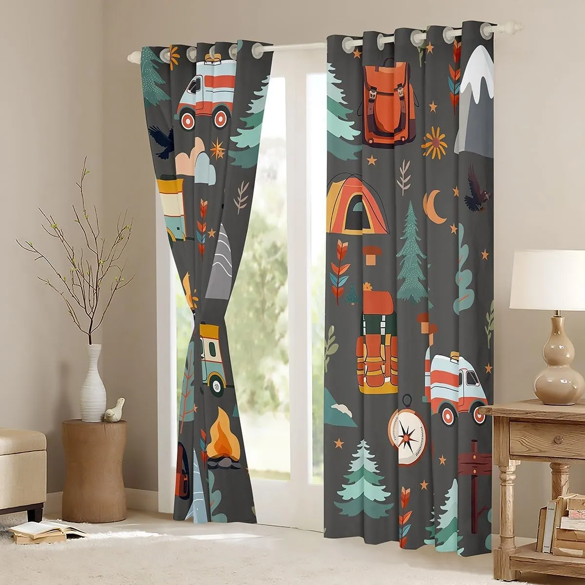 jejeloiu Kids Happy Camping Curtain (2 Panels, 52 x 84 Inch) Travel Bag Tent Print Window Drapes Outdoor Travel 30%-50% Blackout Shades Camping Gifts Room Darkening Curtain Travel Trailers Themed