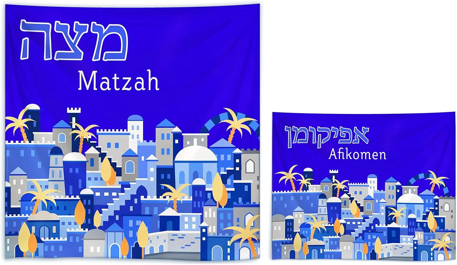 Jerusalem Passover Seder Matzo Cover and Afikoman Holder Set - Silk Screened Jerusalem City Design 3 Pocket 15" Square Matzah Holder, 8.5" Afikoman Bag Pesach Seder Dinnerware Decor by Zion Judaica