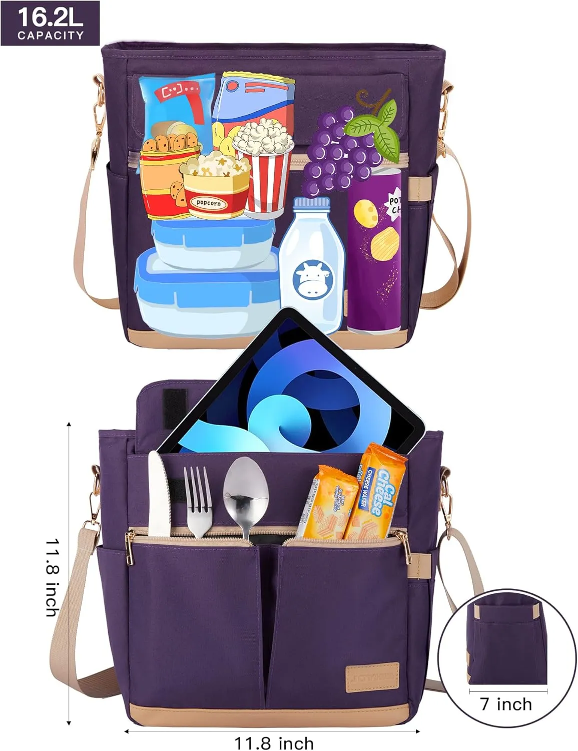 JOYHILL Lunch Bag for Woman, Leakproof Insulated Lunch Box with Shoulder Strap, Adult Reusable Lunch Cooler Tote Bags for Work Picnic Camping Beach (D-PURPLE)