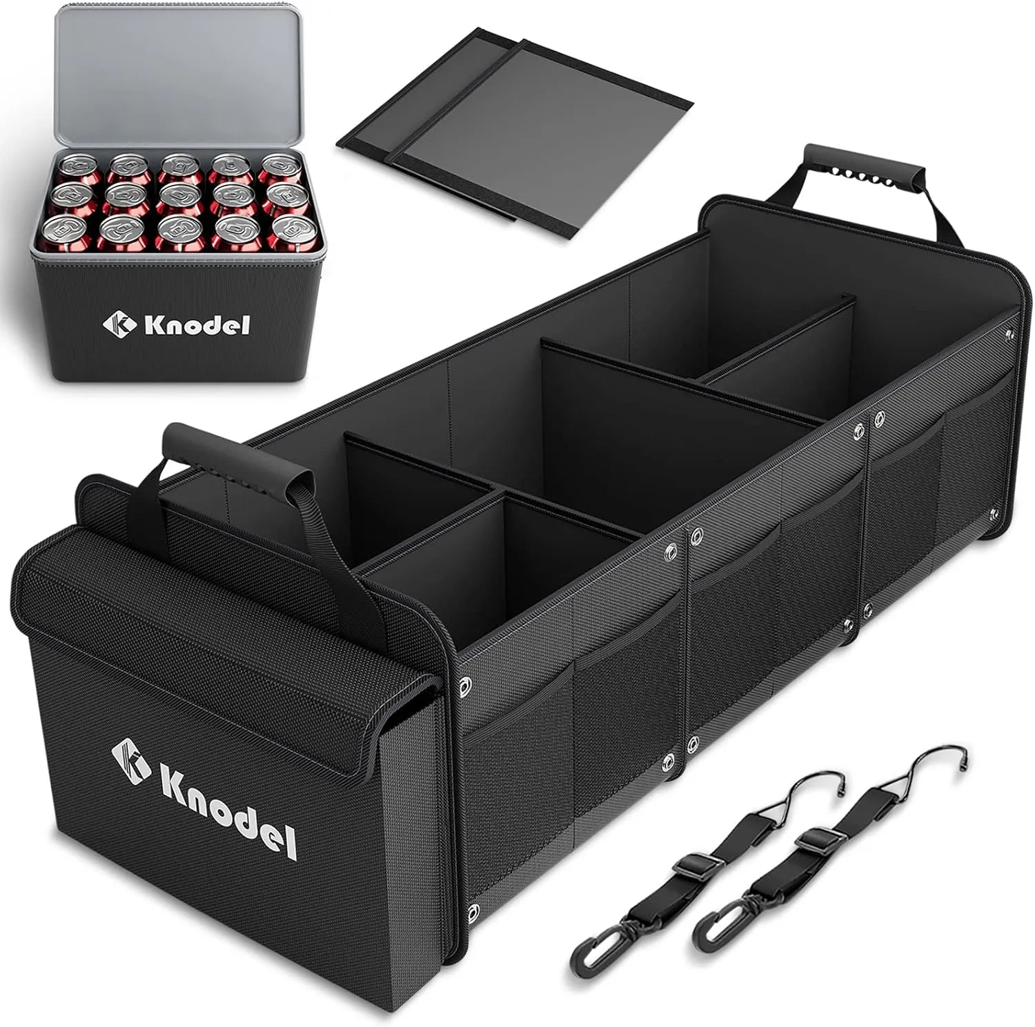 K KNODEL Extra Large Trunk Organizer With Cooler Bag, 3 Compartments Car Organizer, Heavy Duty SUV Trunk Organizer with 2 Adjustable Securing Straps (4-in-1, Black)
