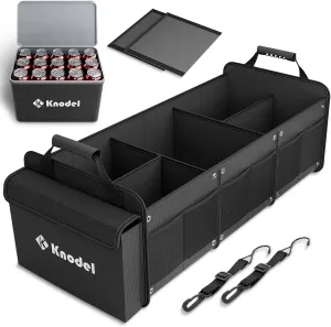 K KNODEL Extra Large Trunk Organizer With Cooler Bag, 3 Compartments Car Organizer, Heavy Duty SUV Trunk Organizer with 2 Adjustable Securing Straps (4-in-1, Black)