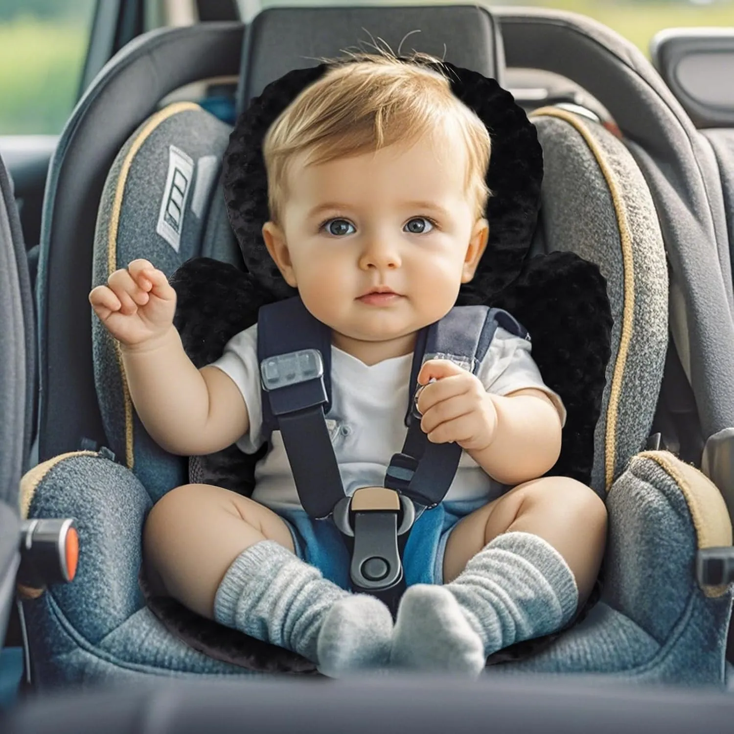 KAKIBLIN Infant Car Seat Insert, Baby Carseat Head & Body Support for Newborn, 2-in-1 Reversible Baby Car Seat Cushion, Soft Stroller Cushion Insert for CarSeats, Bouncer, Strollers, Swing (Black)