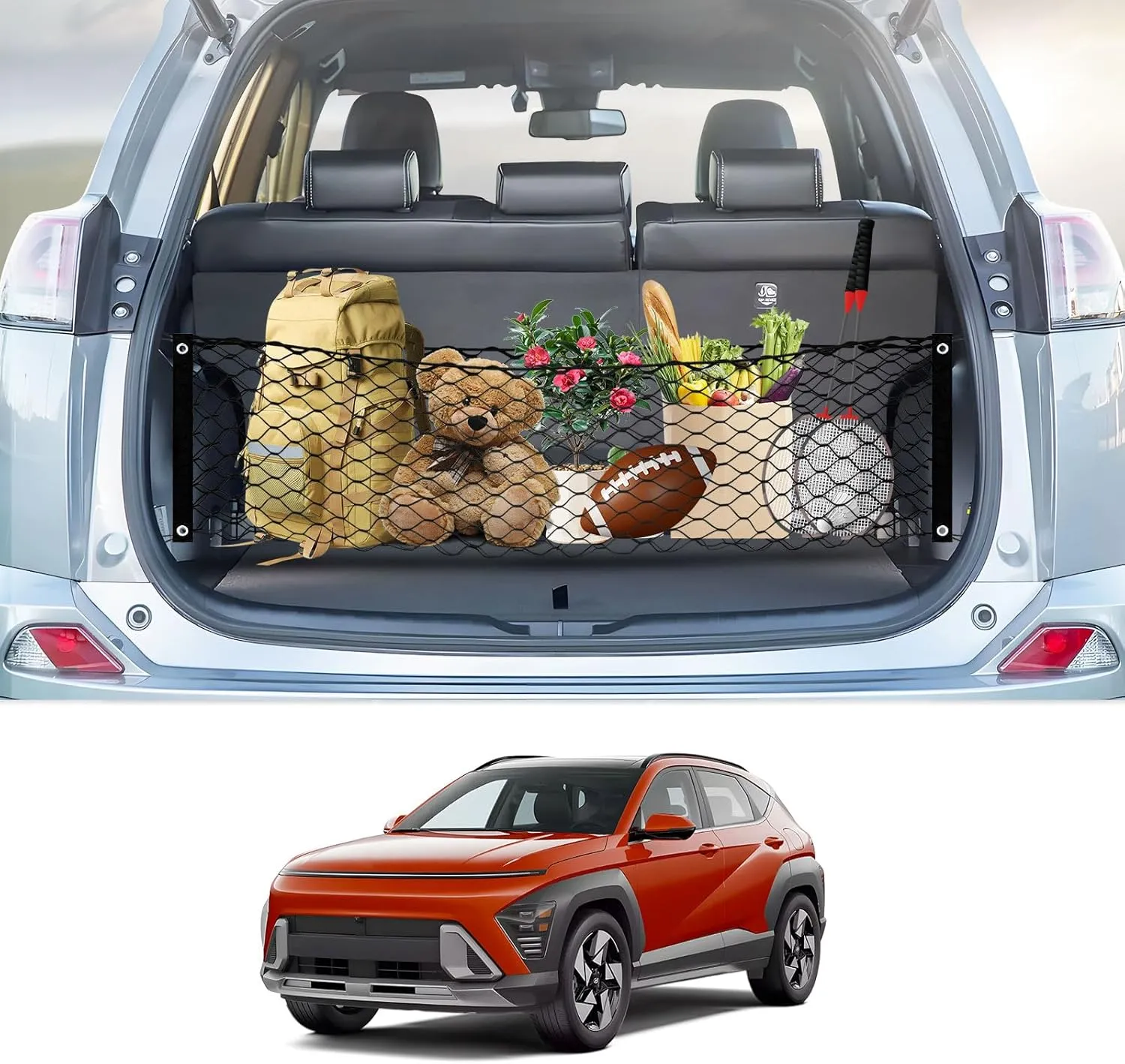 Karltys Envelope Style Cargo Net for Hyundai Kona 2024 2025, Heavy Duty Rear Trunk Mesh Cargo Net for 2025 Kona Accessories, Elastic Nylon Mesh Storage Netting Organizer