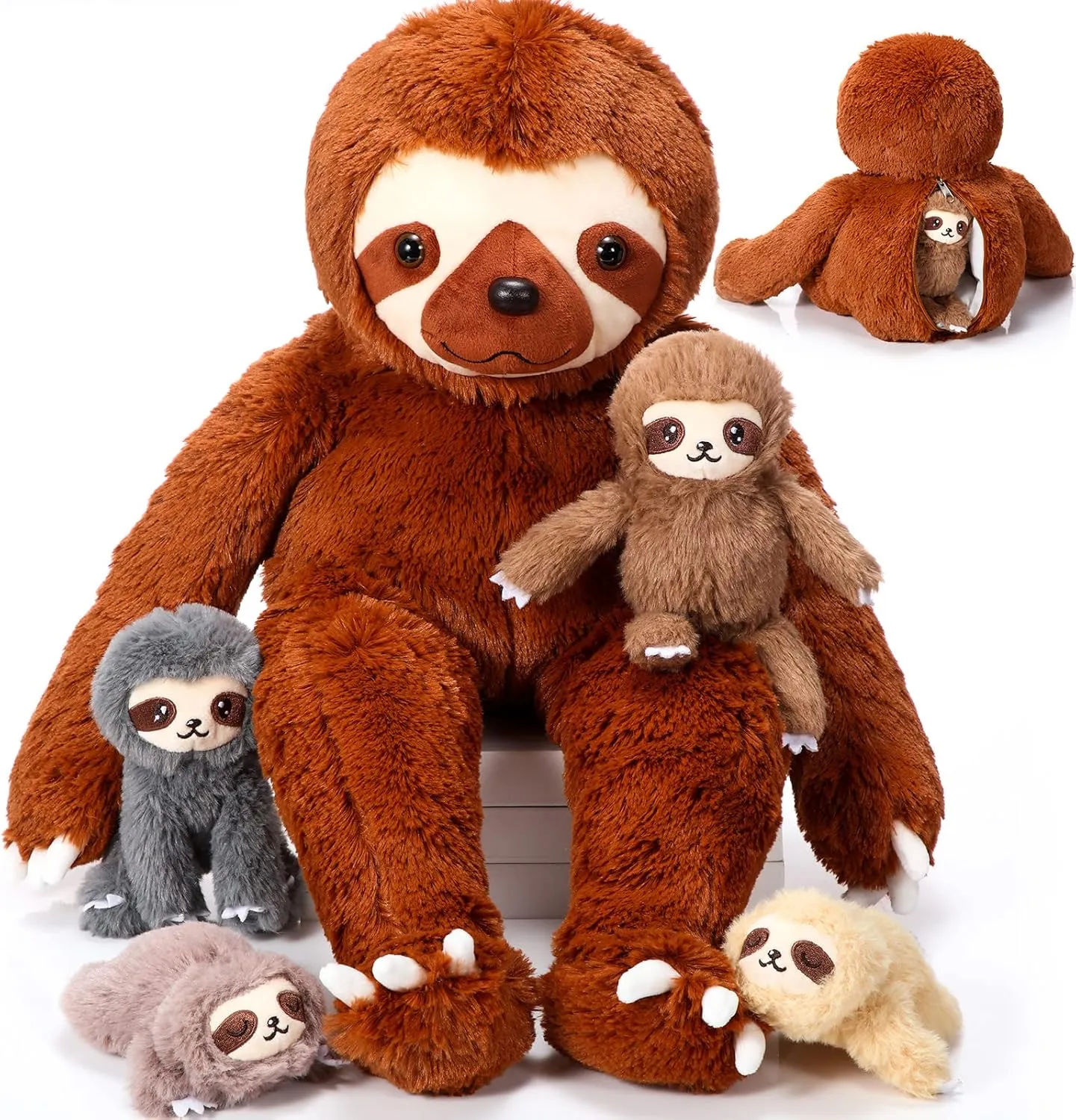Kasyat 5 Pcs Sloth Plush Toy Set 13 Inch Mommy Sloth Stuffed Animal with 4 Cute Baby Plushies in Zippered Belly for Kids Birthday Gifts Home Decors Baby Shower Party Favors(Brown)