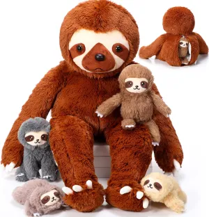 Kasyat 5 Pcs Sloth Plush Toy Set 13 Inch Mommy Sloth Stuffed Animal with 4 Cute Baby Plushies in Zippered Belly for Kids Birthday Gifts Home Decors Baby Shower Party Favors(Brown)