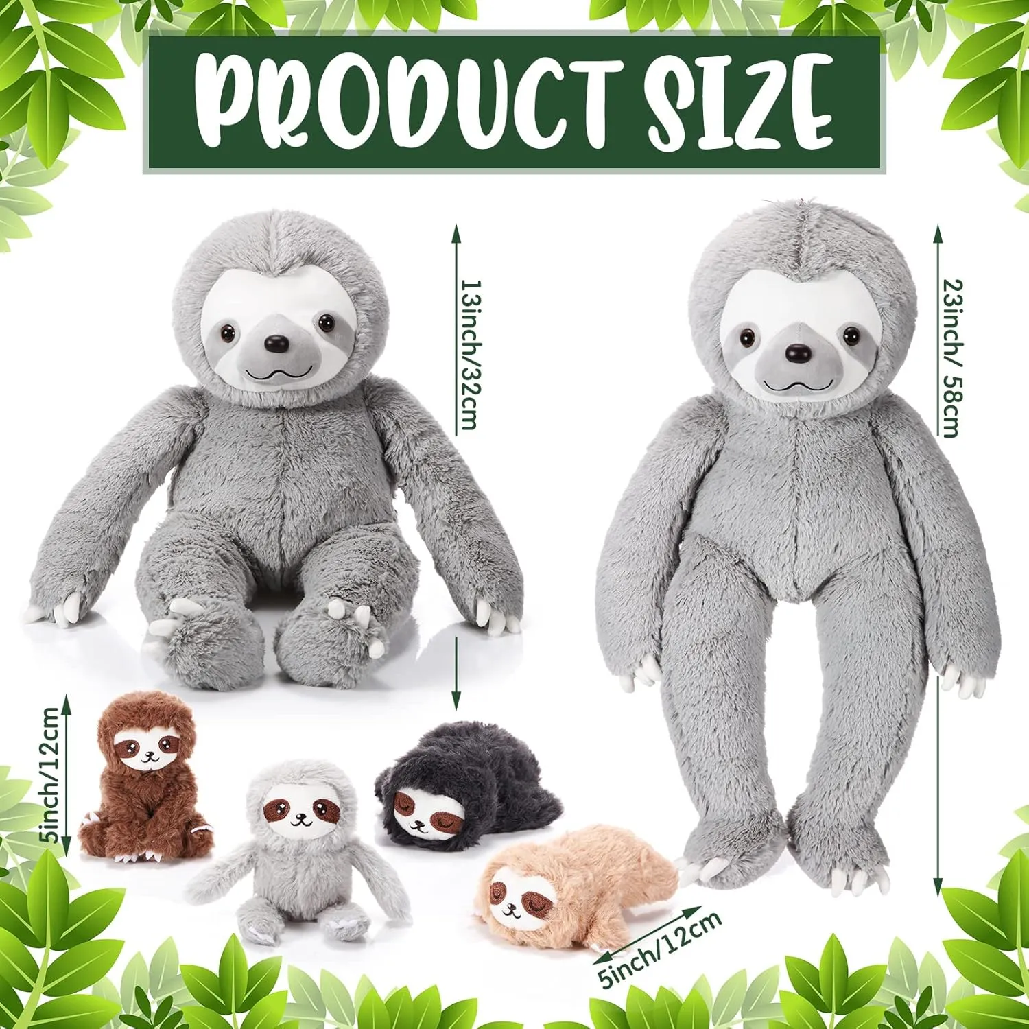 Kasyat 5 Pcs Sloth Plush Toy Set 13 Inch Mommy Sloth Stuffed Animal with 4 Cute Baby Plushies in Zippered Belly for Kids Birthday Gifts Home Decors Baby Shower Party Favors(Gray)