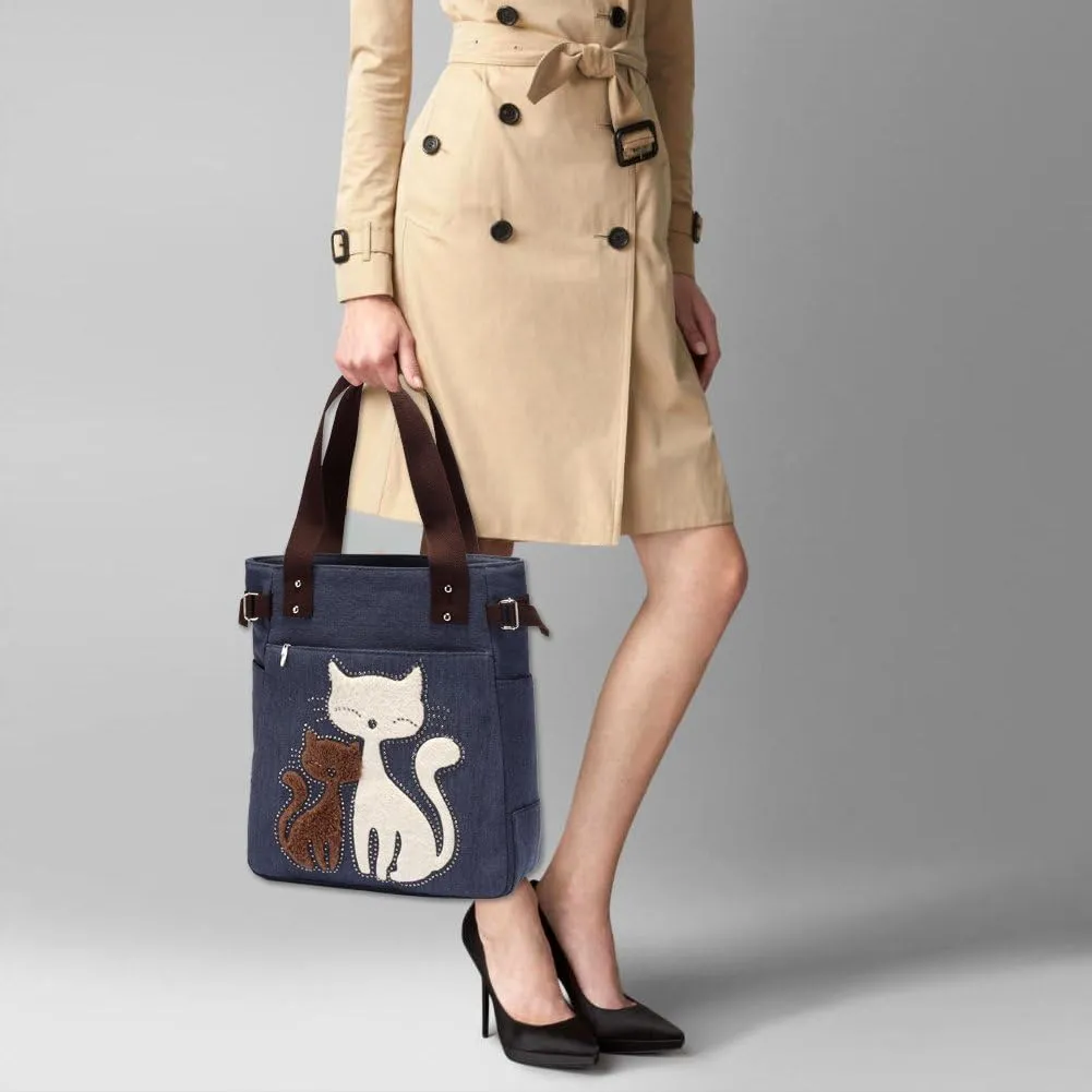 KAUKKO Women Canvas Handbag Shoulder Bag Cat Big Tote Bag(094-BLUE)