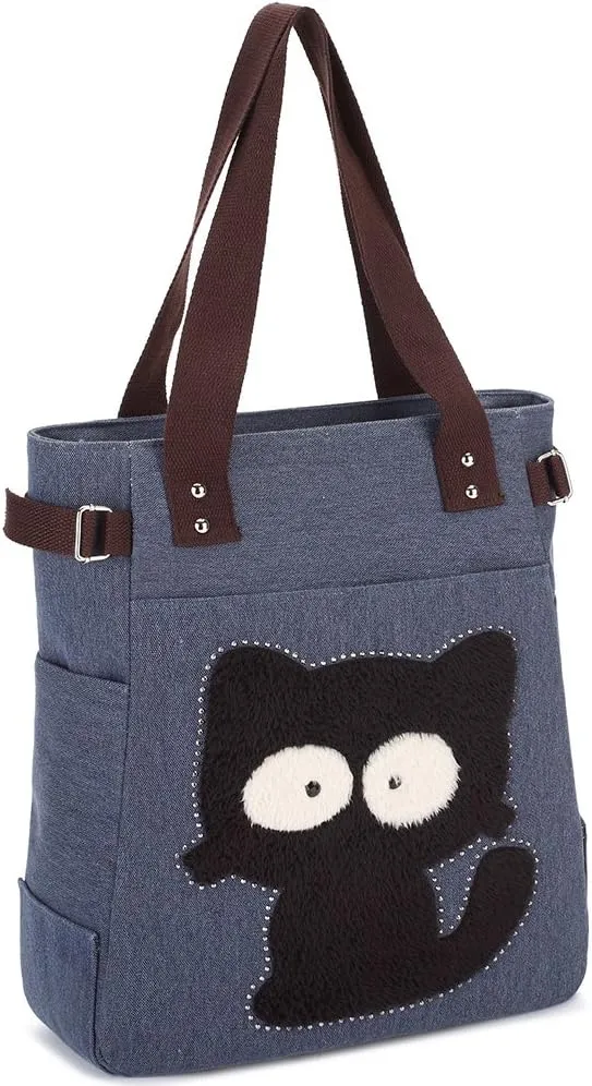 KAUKKO Women Canvas Handbag Shoulder Bag Cat Big Tote Bag(094-BLUE)