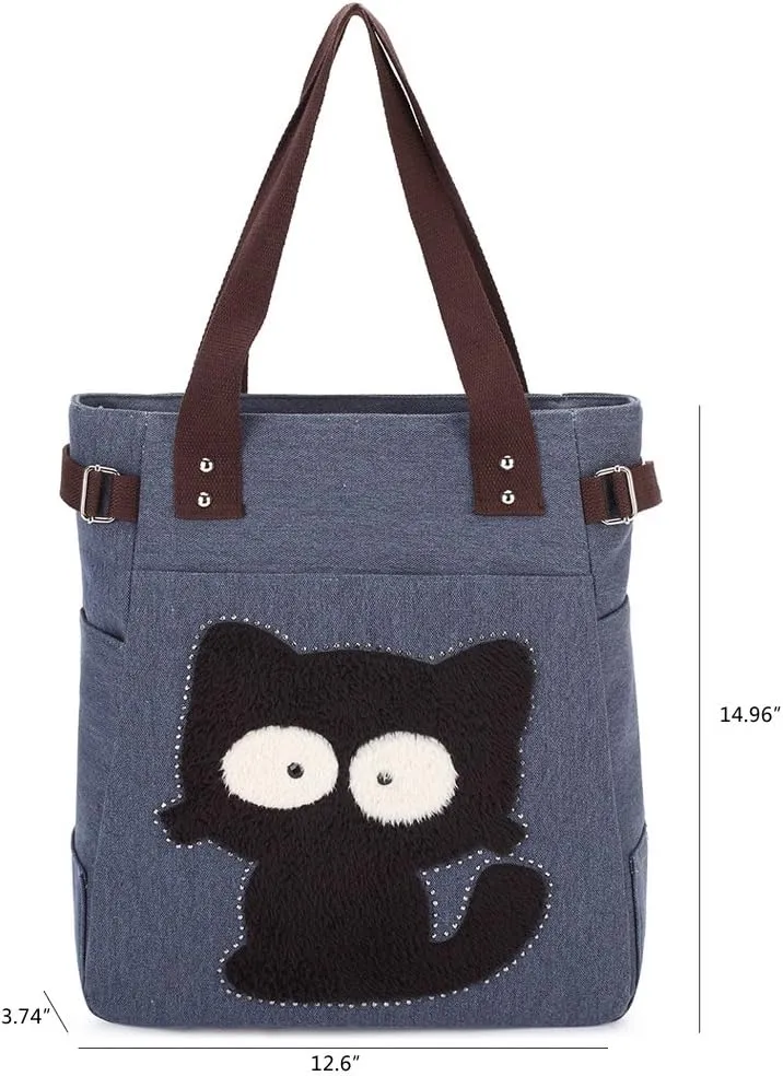 KAUKKO Women Canvas Handbag Shoulder Bag Cat Big Tote Bag(094-BLUE)