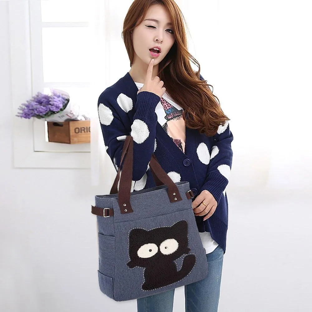 KAUKKO Women Canvas Handbag Shoulder Bag Cat Big Tote Bag(094-BLUE)