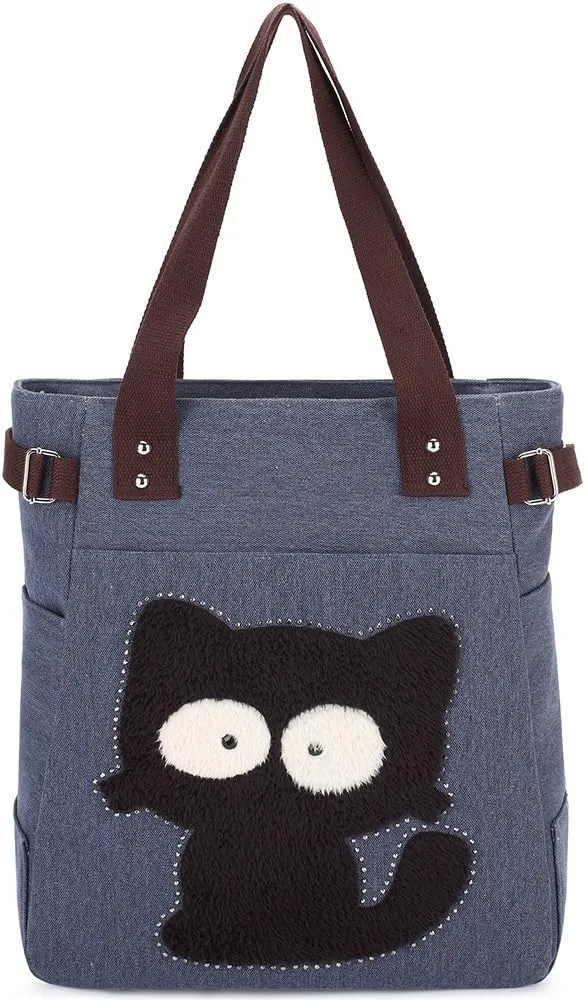 KAUKKO Women Canvas Handbag Shoulder Bag Cat Big Tote Bag(094-BLUE)