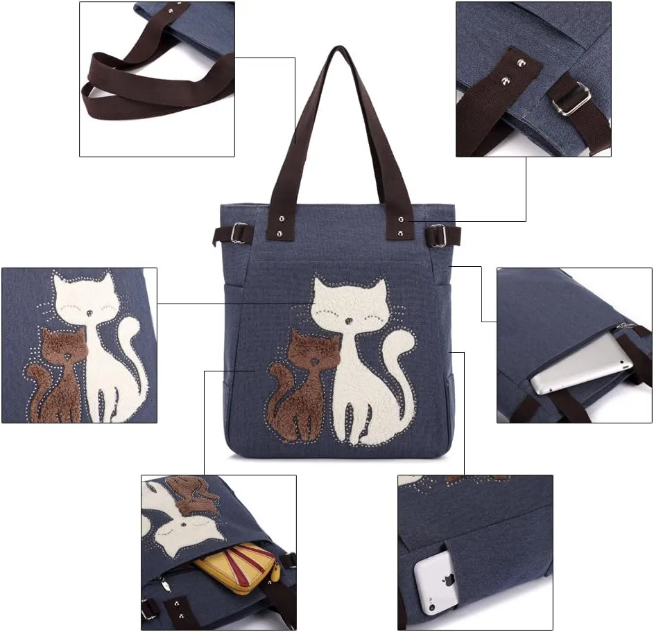 KAUKKO Women Canvas Handbag Shoulder Bag Cat Big Tote Bag(094-BLUE)