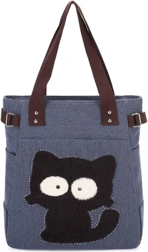 KAUKKO Women Canvas Handbag Shoulder Bag Cat Big Tote Bag(094-BLUE)