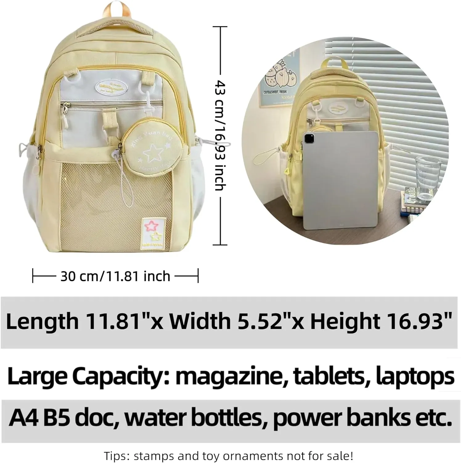 Kawaii Backpack Double Shoulder Bag with Cute Star Removable Pouch Clear Pocket Large Capacity Dopamine Colors Daypack (Clear Yellow)