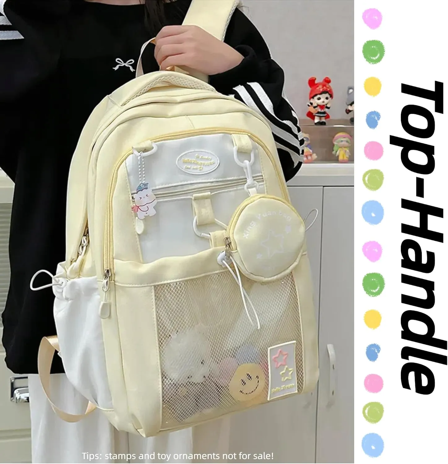 Kawaii Backpack Double Shoulder Bag with Cute Star Removable Pouch Clear Pocket Large Capacity Dopamine Colors Daypack (Clear Yellow)