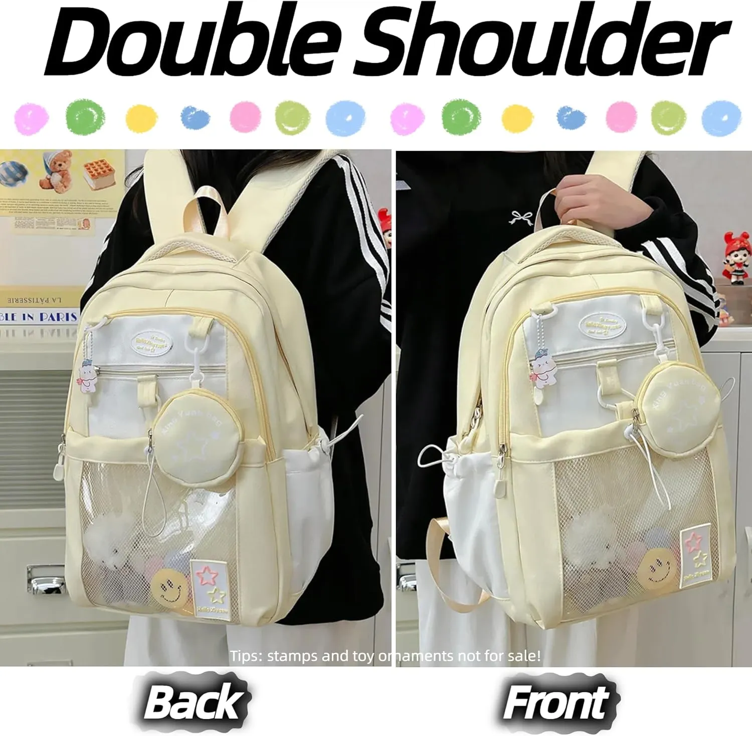 Kawaii Backpack Double Shoulder Bag with Cute Star Removable Pouch Clear Pocket Large Capacity Dopamine Colors Daypack (Clear Yellow)