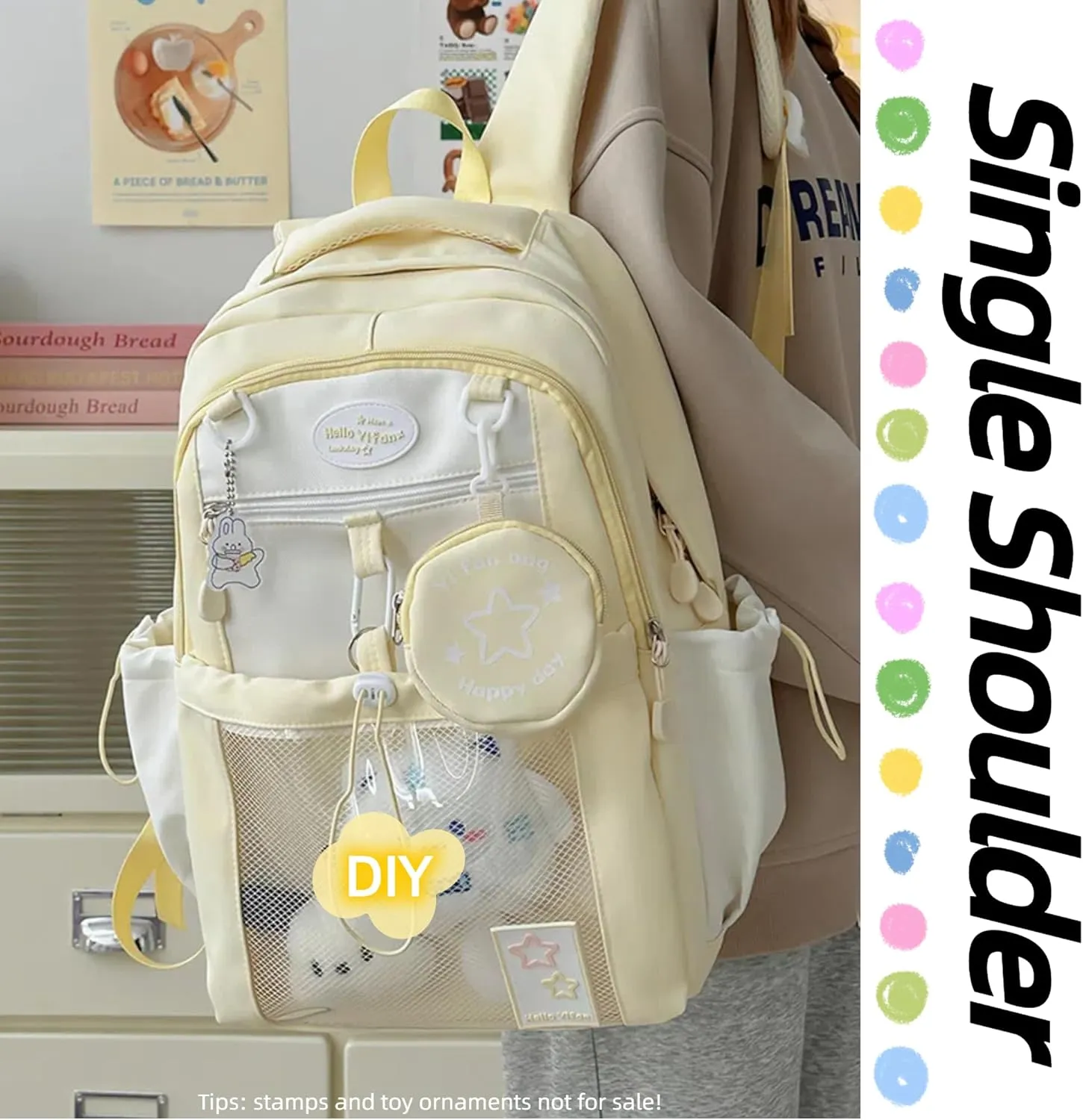 Kawaii Backpack Double Shoulder Bag with Cute Star Removable Pouch Clear Pocket Large Capacity Dopamine Colors Daypack (Clear Yellow)