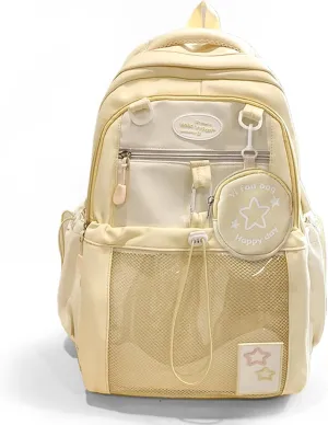 Kawaii Backpack Double Shoulder Bag with Cute Star Removable Pouch Clear Pocket Large Capacity Dopamine Colors Daypack (Clear Yellow)
