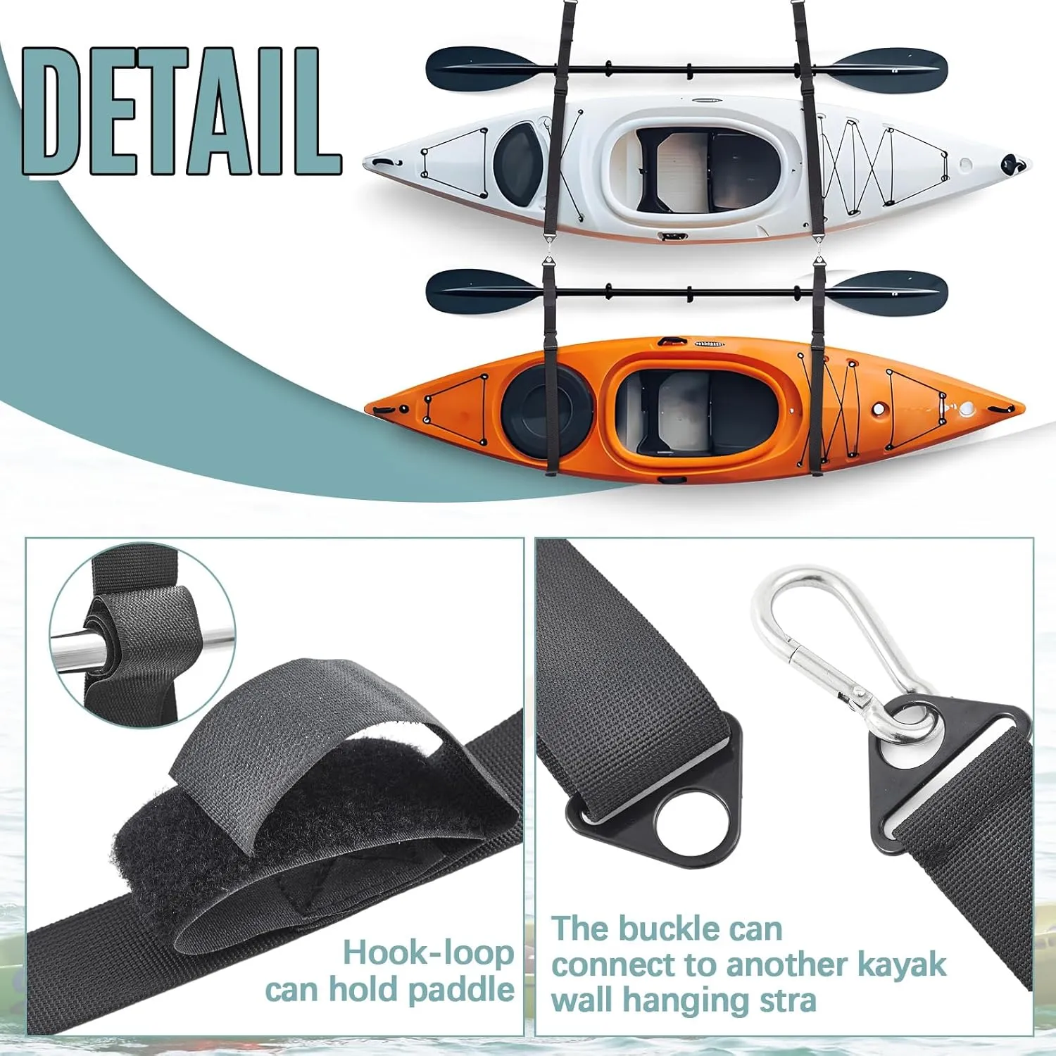 Kayak Storage Hanging Straps 1.5 Inch Wide Adjustable Nylon Kayak Wall Mount Straps System with Carabiner, Hoist Sling for Indoor Outdoor Paddle Canoe Surfboard Storage