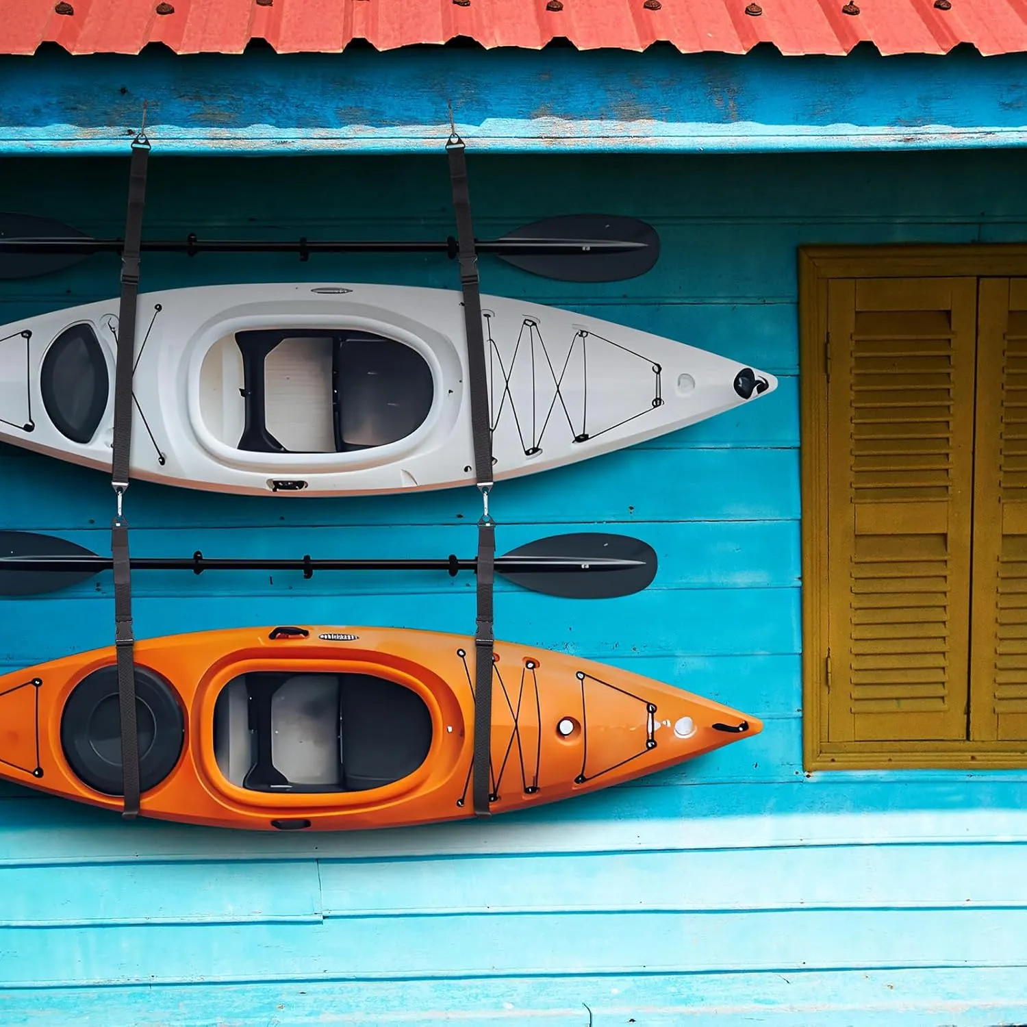Kayak Storage Hanging Straps 1.5 Inch Wide Adjustable Nylon Kayak Wall Mount Straps System with Carabiner, Hoist Sling for Indoor Outdoor Paddle Canoe Surfboard Storage
