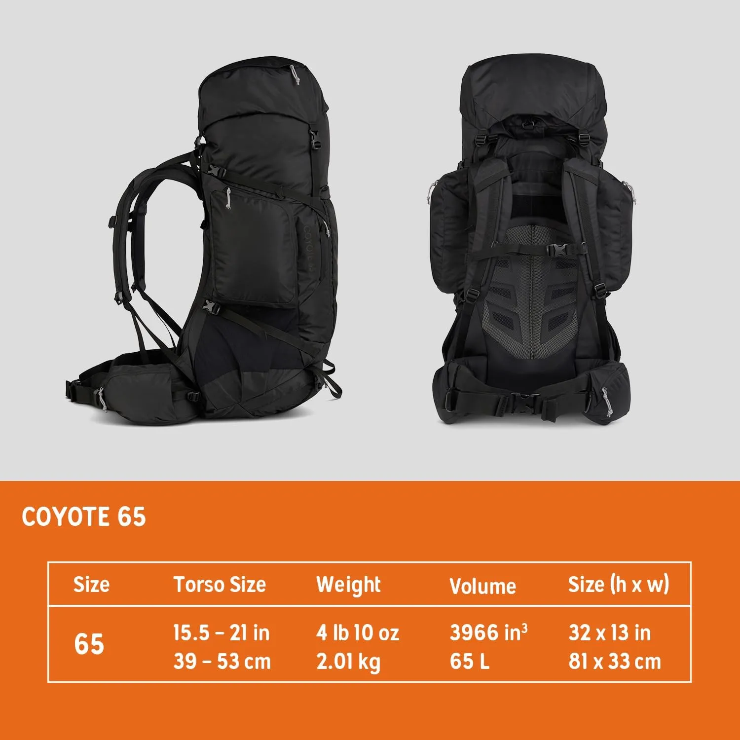 Kelty Coyote 60-105 Liter Internal Frame Backpack - Hiking, Backpacking, Travel, Adjustable Torso (65L / Black)