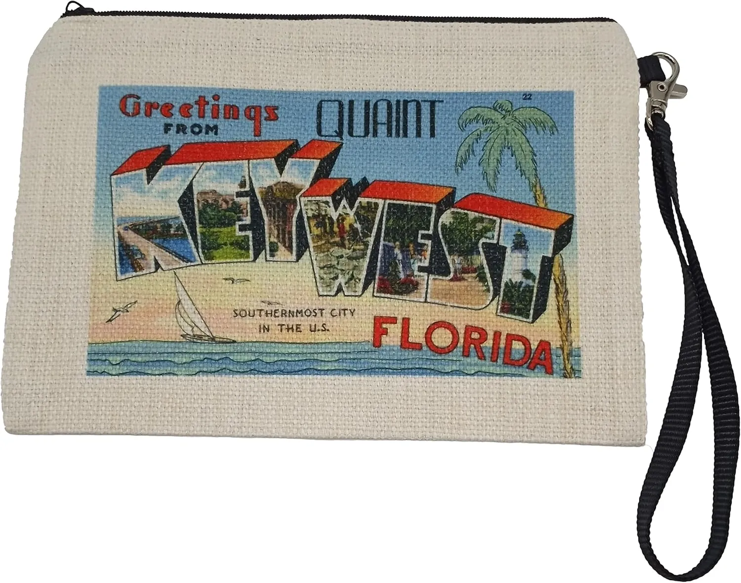 Key West Florida Postcard Style Wristlet Ladies Handbag Small Purse Retro Fashion Accessory for Holiday Vacation Double Sided and Zippered